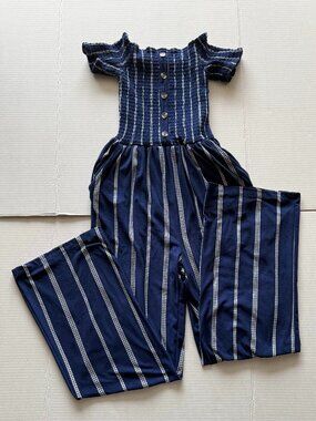 J for Jumpsuit Jumper Striped Blue White Sz S Pants Off Shoulder Pockets